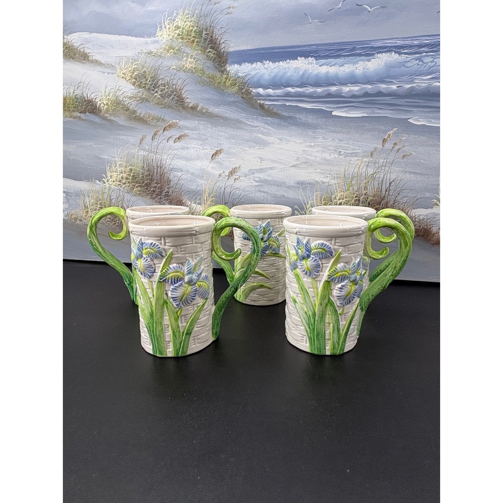 Omnibus Fitz and Floyd Iris Basketweave Ceramic Mug Set of 5 Blue Floral Korea